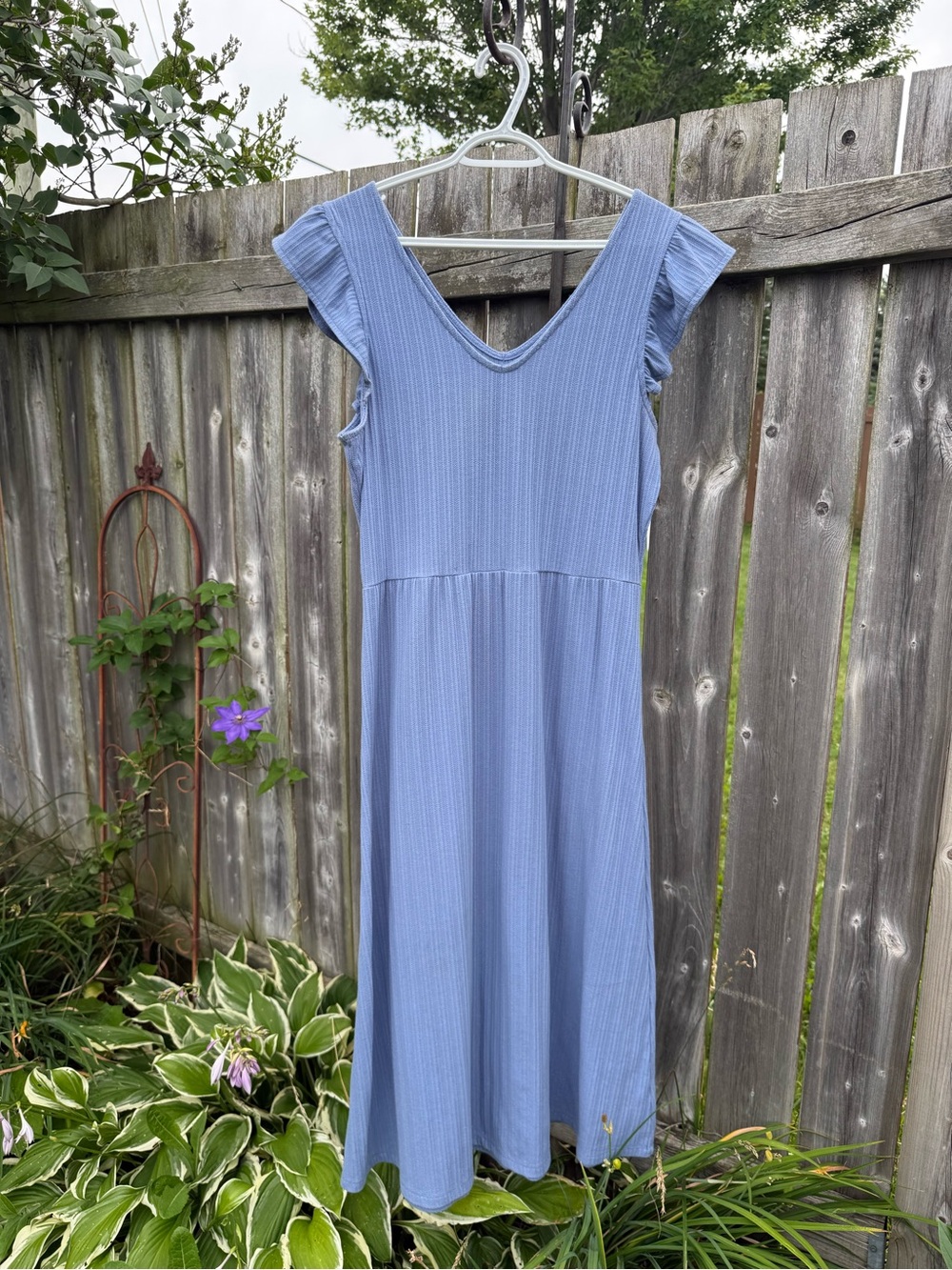 Light Blue Ribbed V-Neck Midi Dress with Ruffle Cap Sleeves